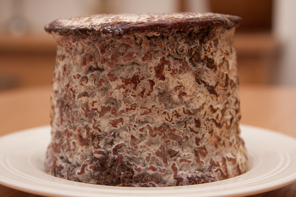 A mouldy cheese that is shaped a little like a top hat