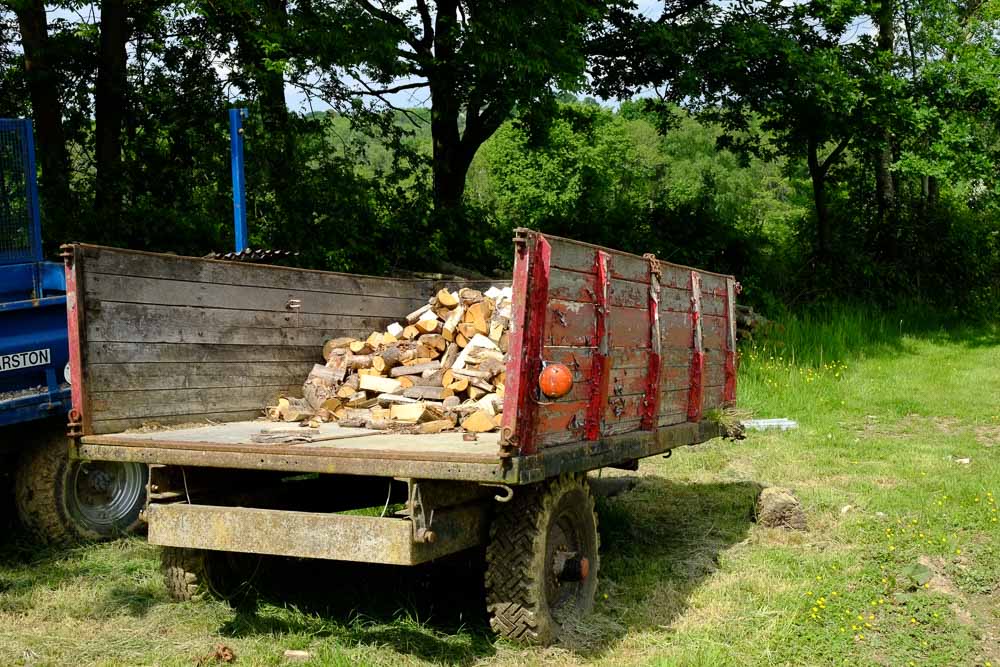 A flatbed trailer containing cut logs