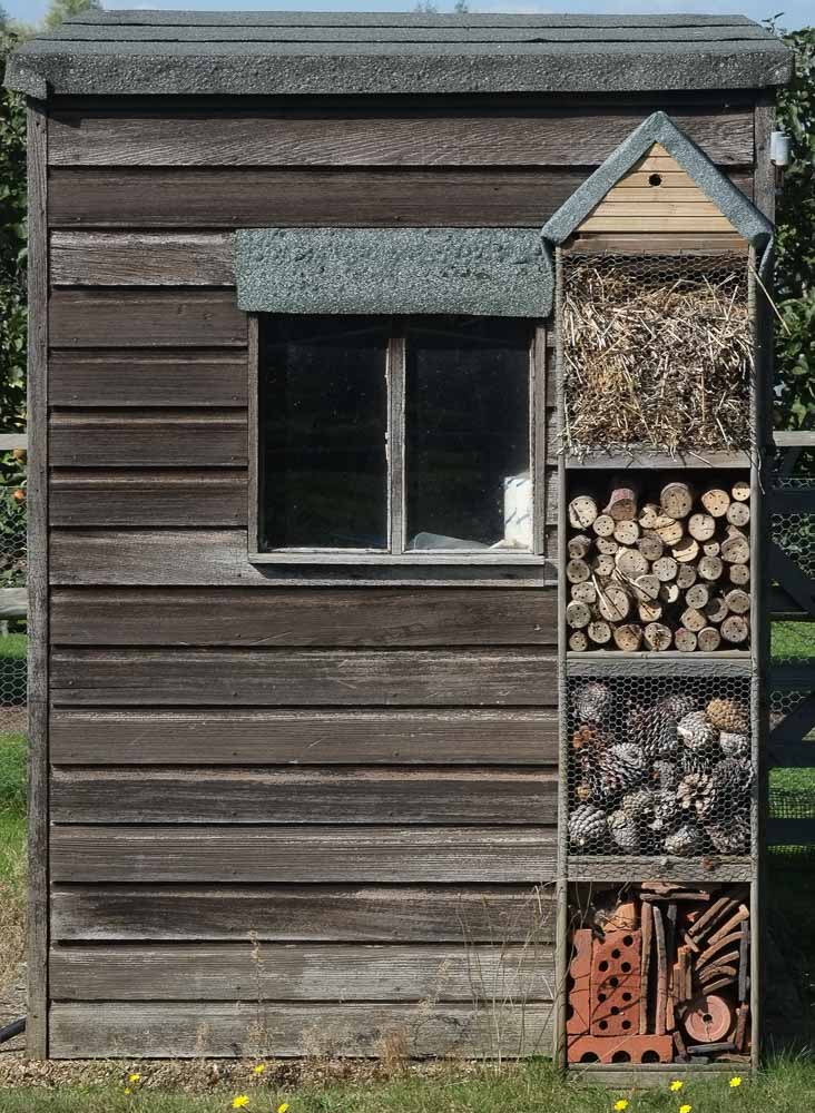 An insect hotel in front of a shed containing logs, pine cones, bricks and tiles.