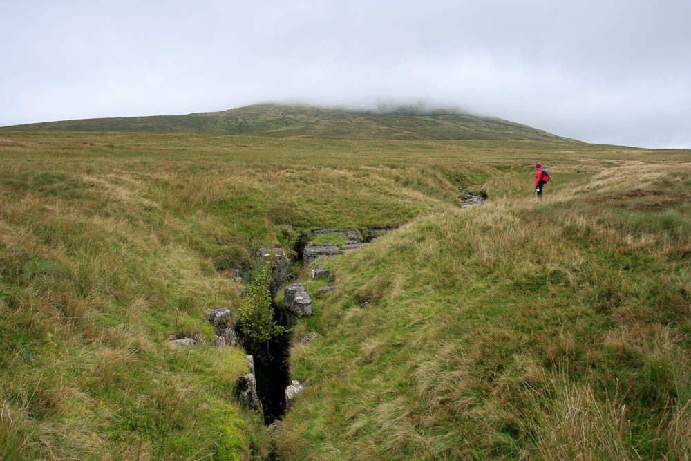 Juniper Gulf pothole, a long crevasse like hole in a grassy moor, a person dressed in red peering in