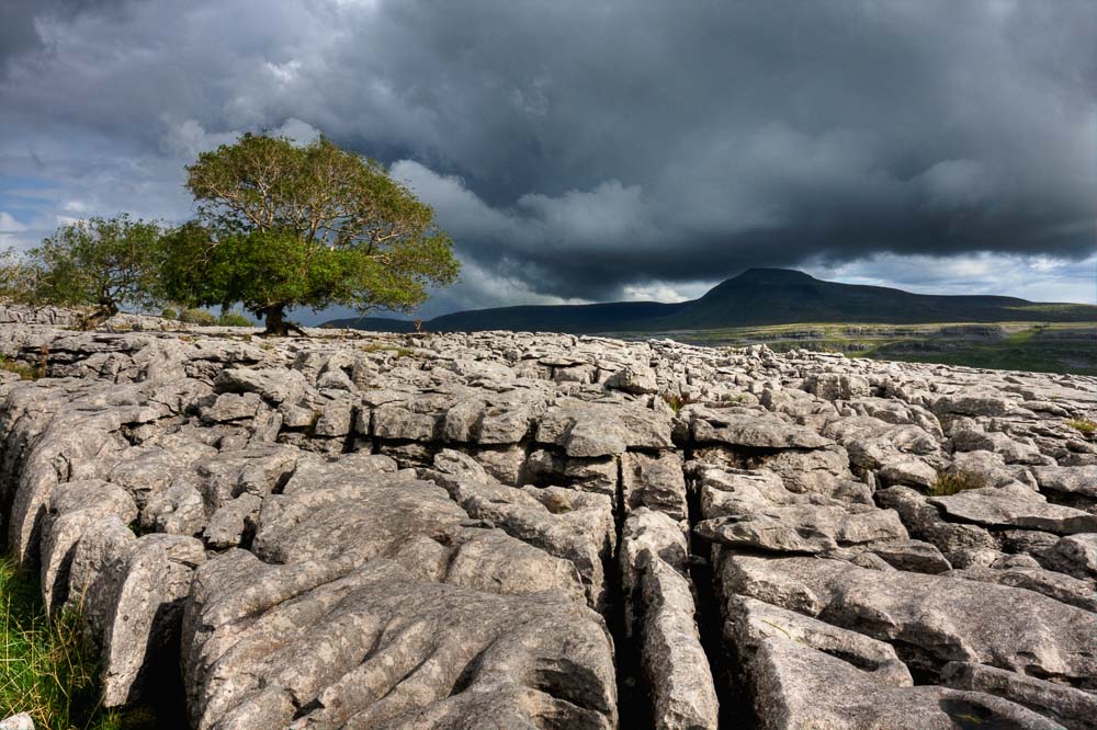 A limestone pavement with heavy grey sky over Ingleborough hill in the distance
