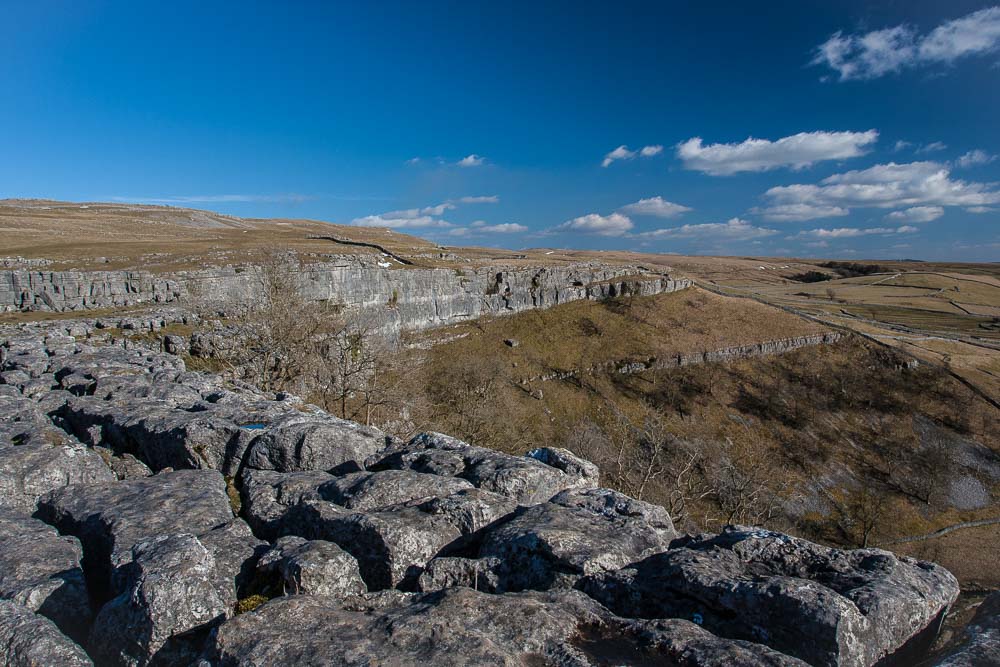 The top of a limestone cliff on a clear sunny day with blue sky