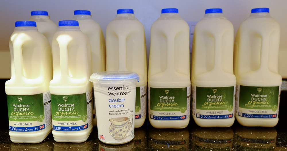 Eight by four pint containers of whole milk and 600ml of cream