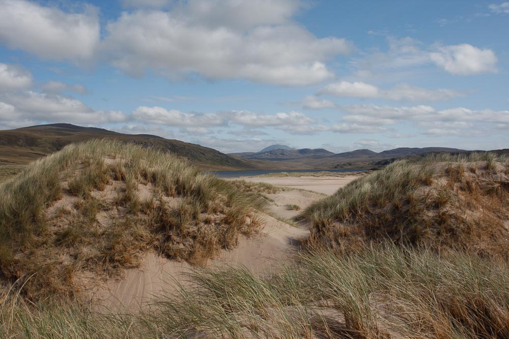 Image of sand dunes with grass, mountains and moorland in the distance