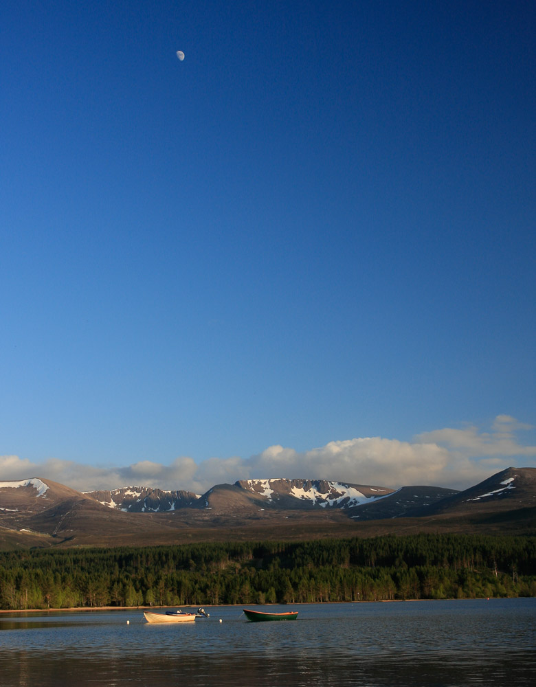 Two rowing boats on a calm lake with forest and snow speckled mountains in the distance