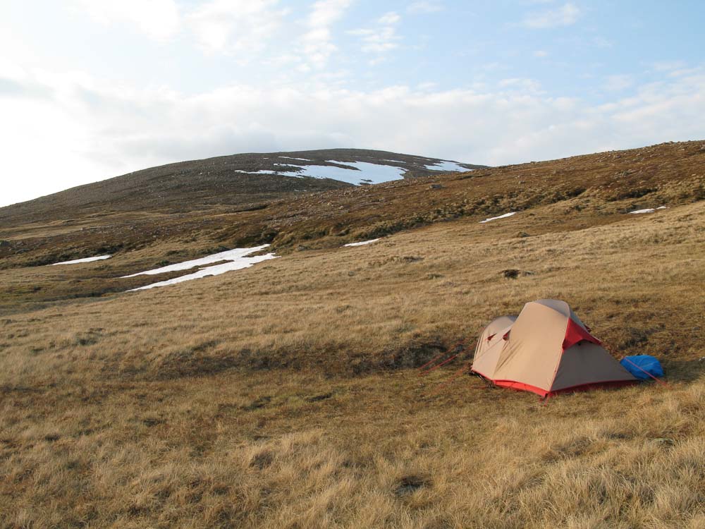 A small tent seen from behind with the Cairngorm masif rising above it.